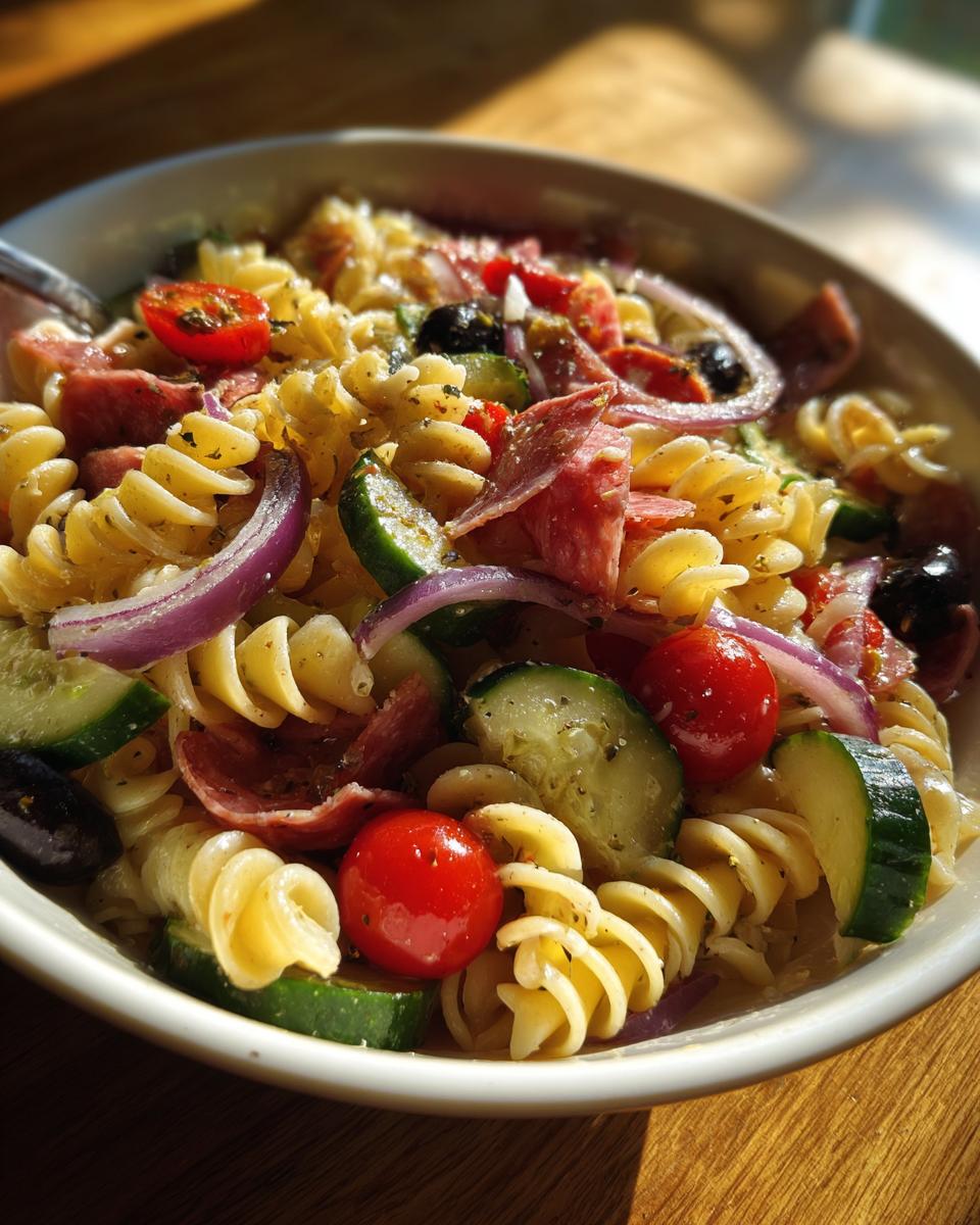 Close-up of a bowl of Italian pasta salad recipes easy, with pasta, vegetables, and salami.