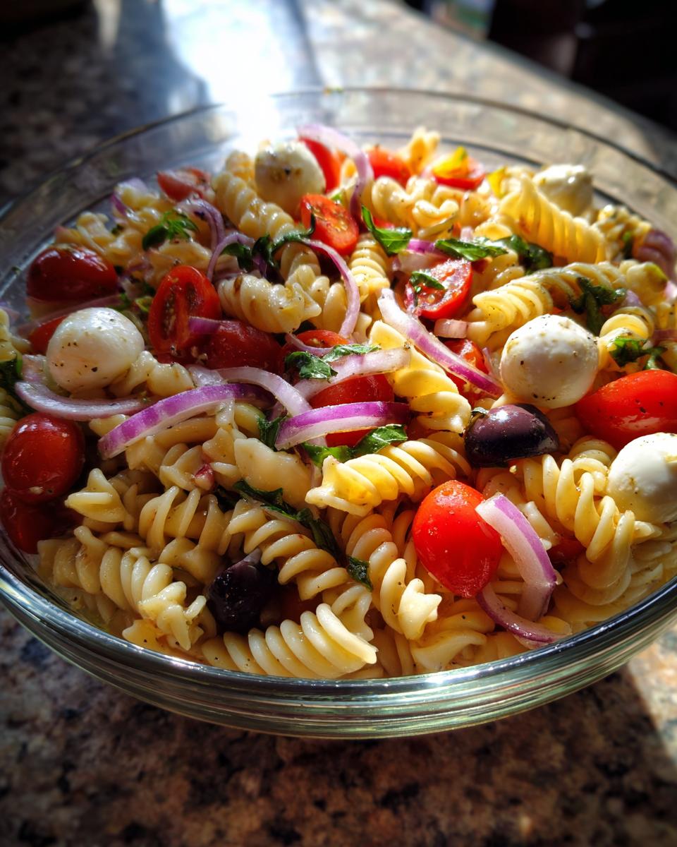 Close-up shot of a bowl of quick and easy Italian pasta salad, featuring rotini, mozzarella, tomatoes, and olives.