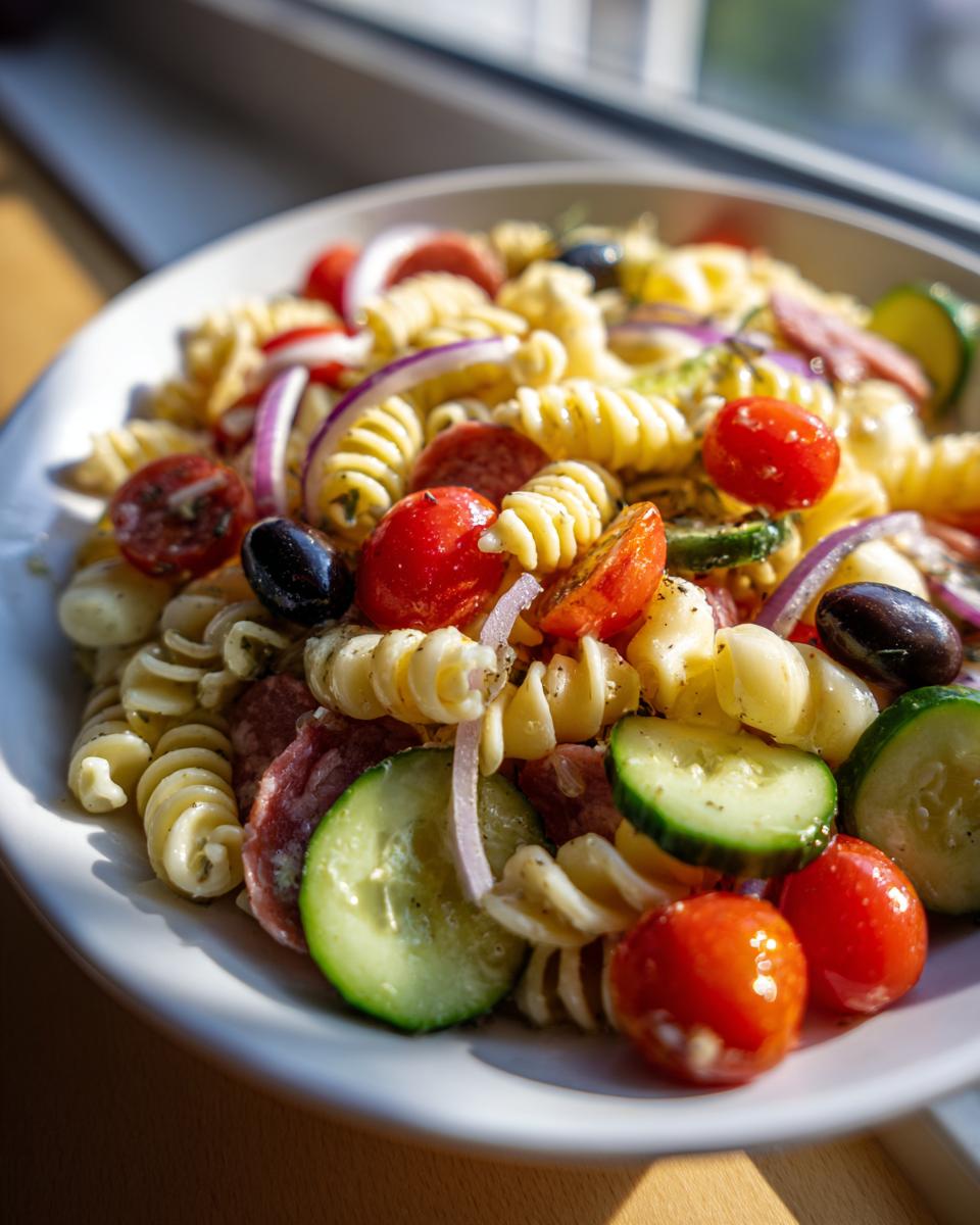 Close-up of a bowl of Italian pasta salad with rotini pasta, tomatoes, olives, cucumbers, and salami.