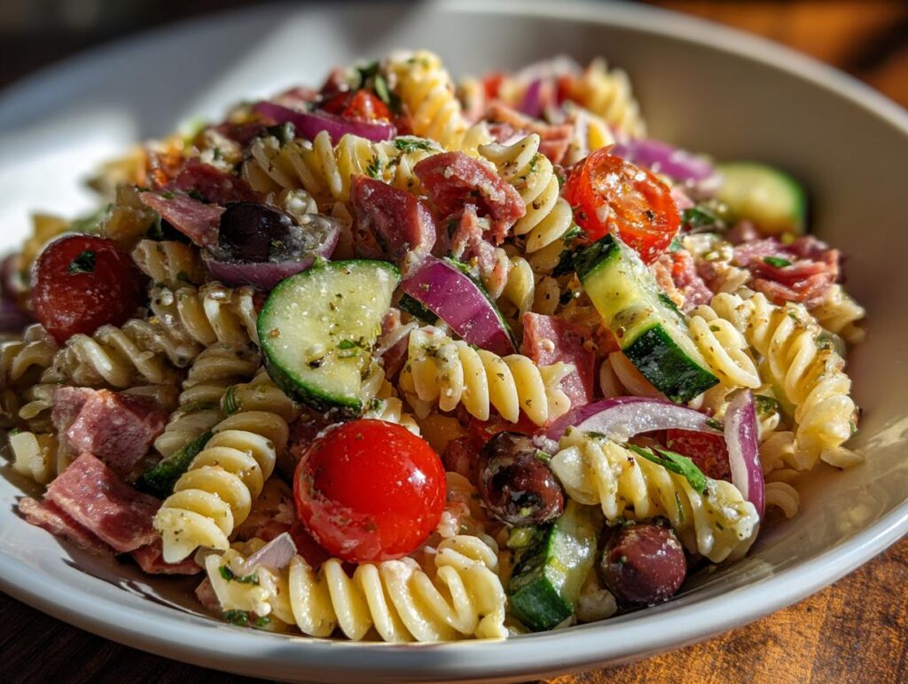 Close-up of a vibrant Italian pasta salad with rotini, tomatoes, olives, and zucchini. Pasta salad recipes italian easy.