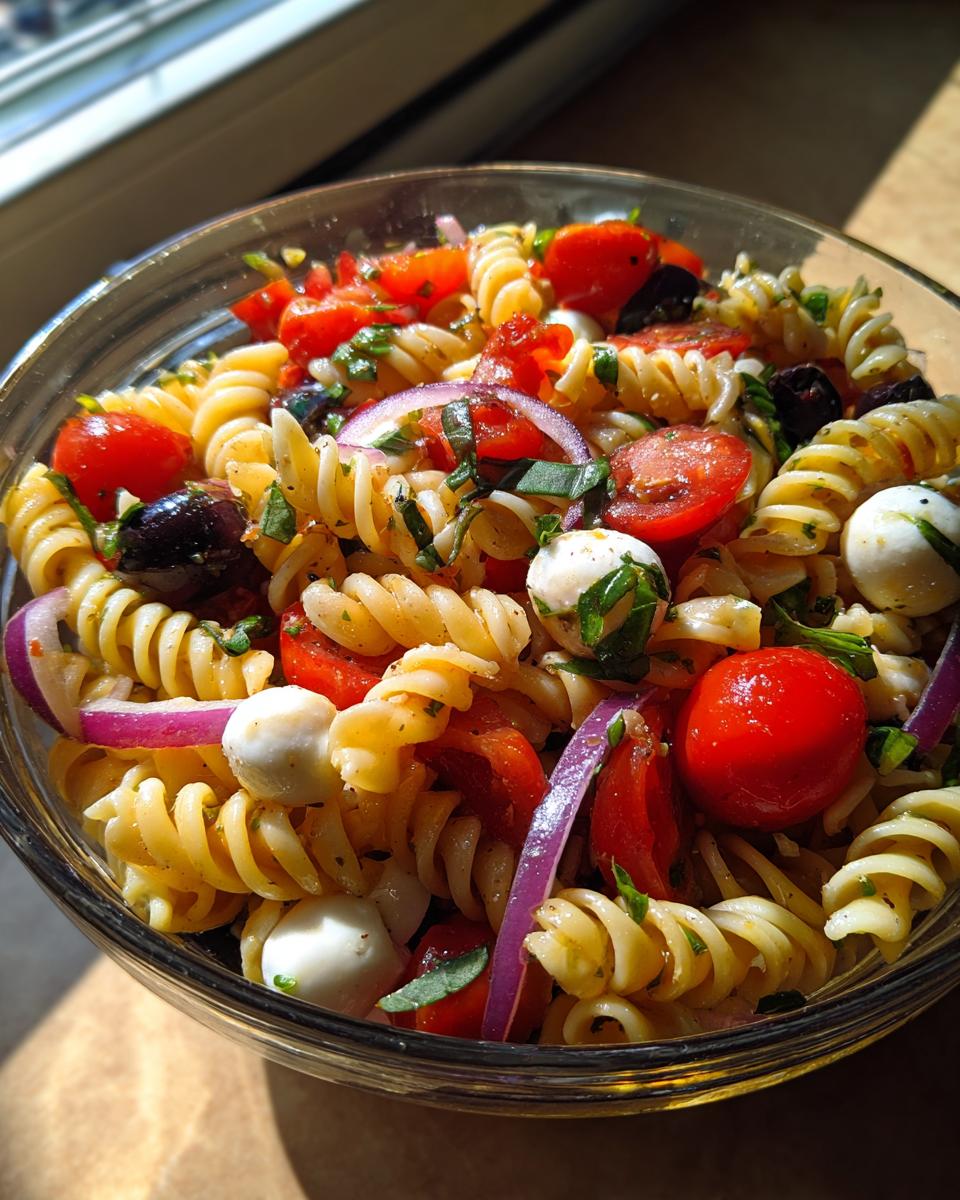 Close-up of a bowl of Italian pasta salad with tomatoes, mozzarella, and olives; a quick and easy Italian pasta salad recipe.