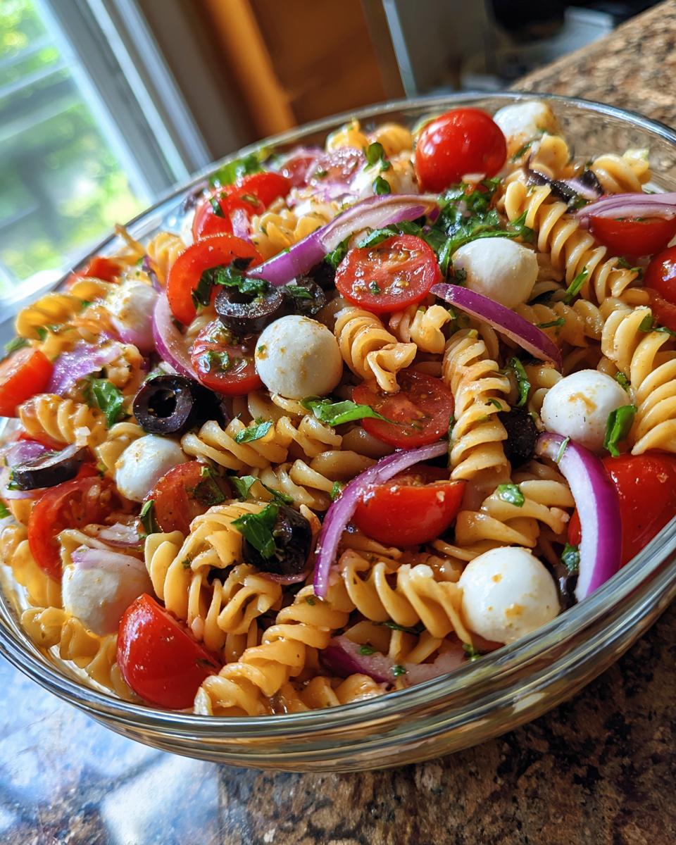 Close-up of a bowl of quick and easy Italian pasta salad, with tomatoes, mozzarella, and olives.