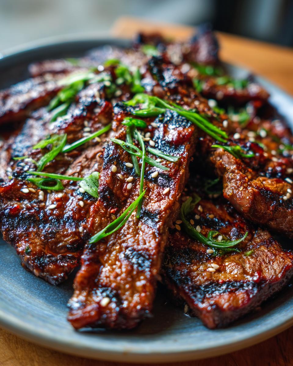Close-up of grilled Korean BBQ Beef Short Ribs, garnished with sesame seeds and green onions.