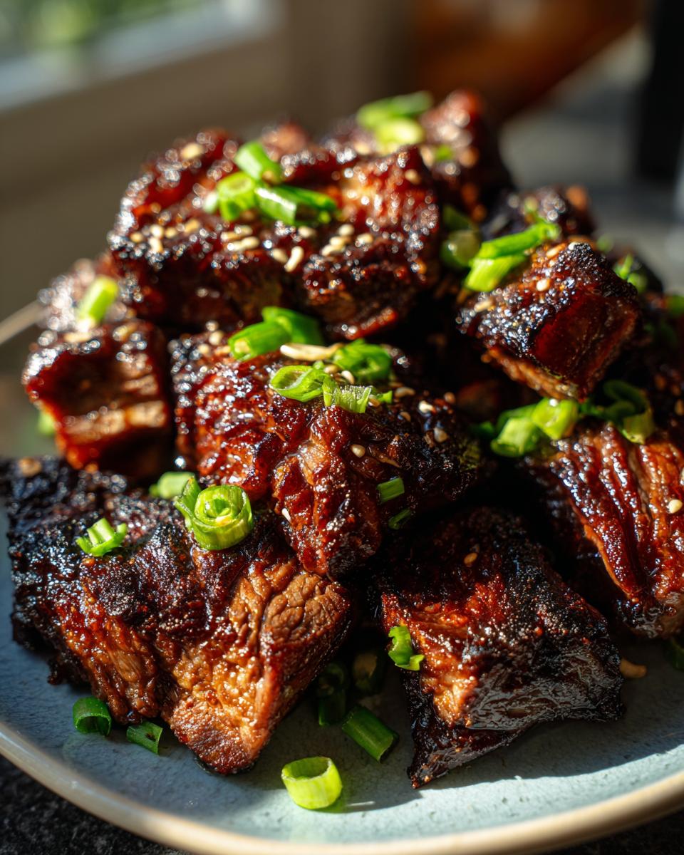 Close-up of tender Korean BBQ Beef Short Ribs, garnished with sesame seeds and green onions.