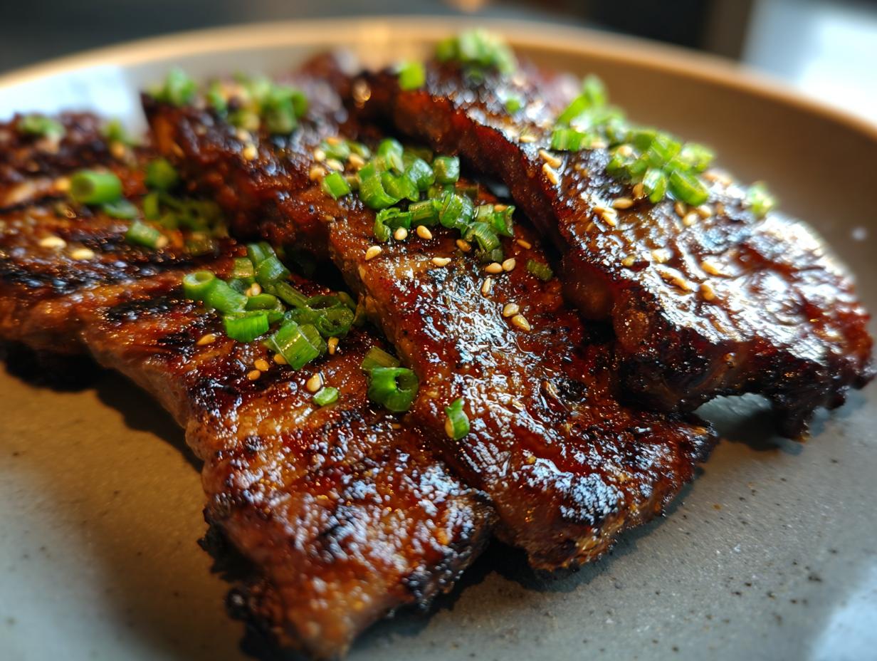 Close-up of grilled Korean BBQ Beef Short Ribs, glistening with sauce and garnished with green onions and sesame seeds.
