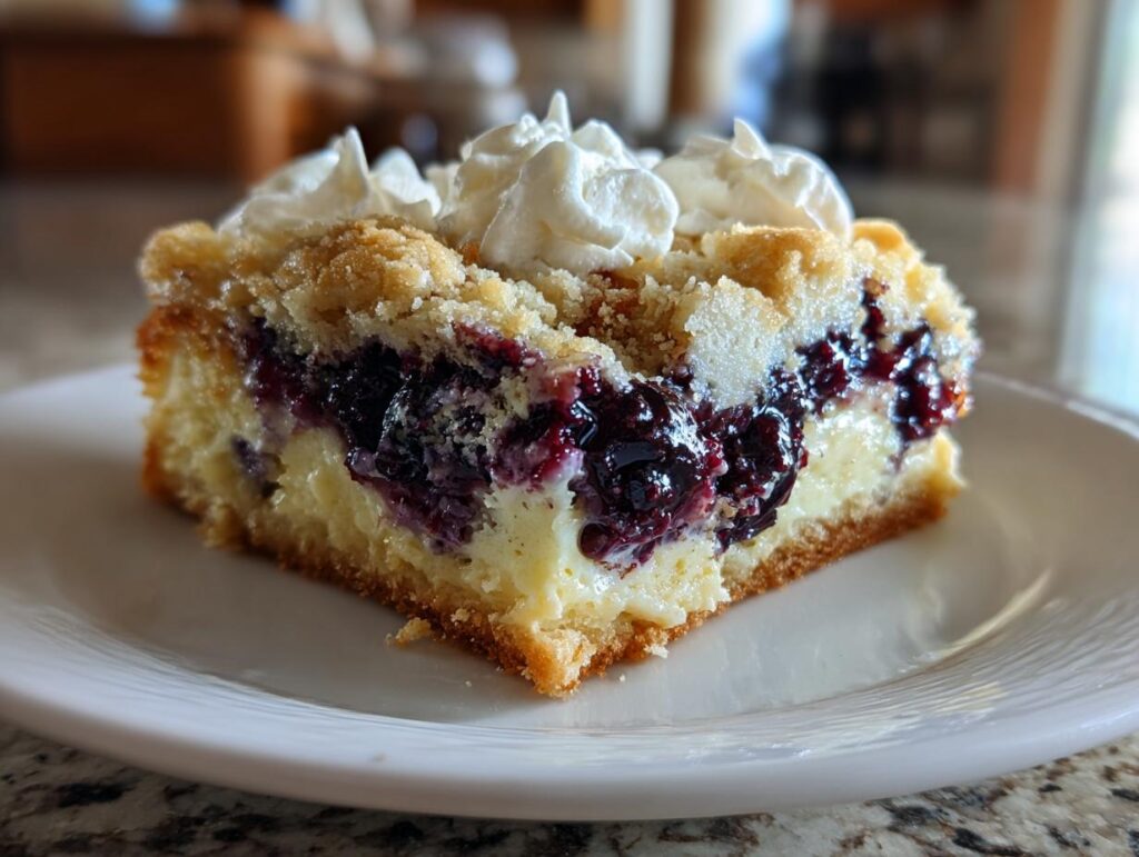 Close-up of a slice of Lemon Blueberry Cheesecake Dump Cake on a white plate, topped with whipped cream.