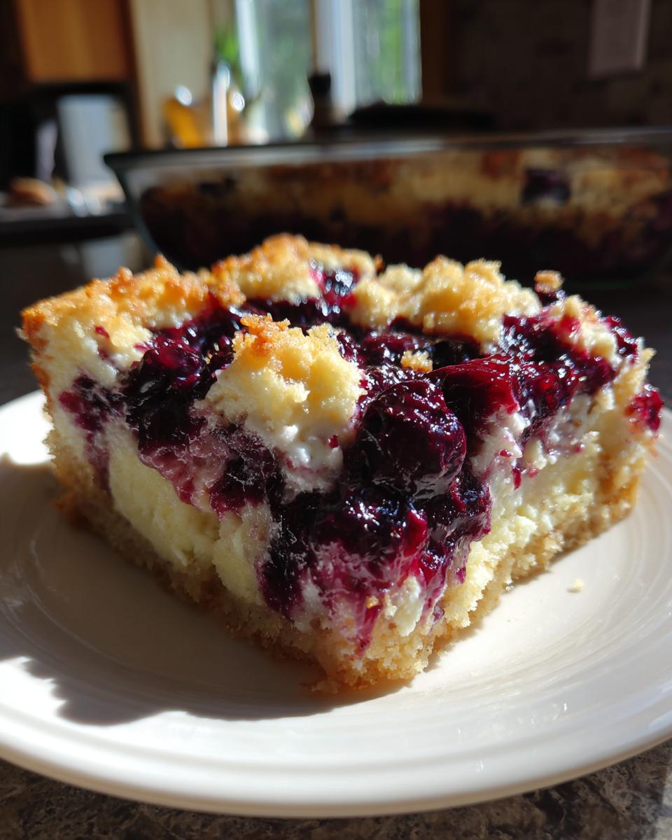 A slice of Lemon Blueberry Cheesecake Dump Cake on a white plate, showing layers of cake, cheesecake, and blueberries.