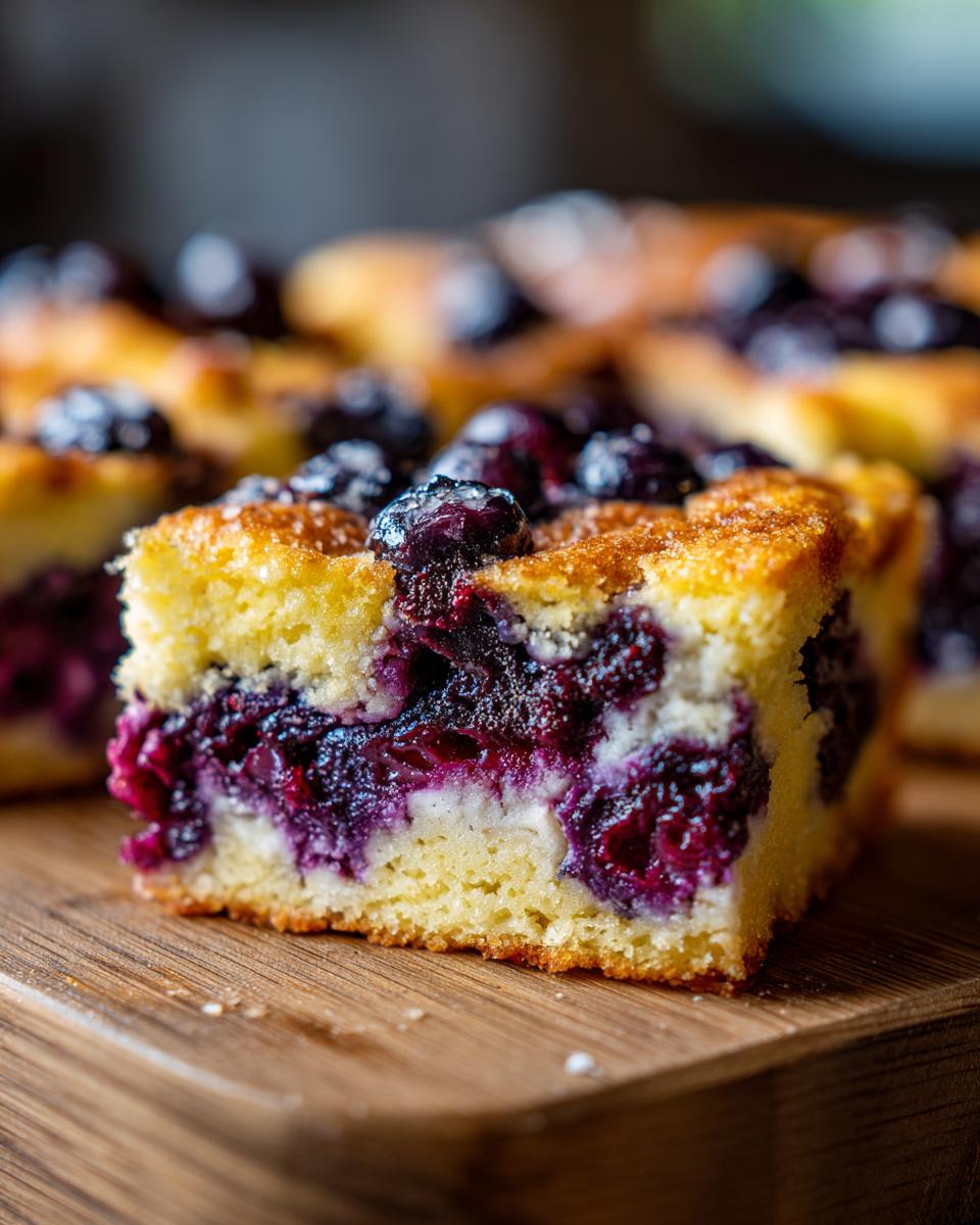 Close-up of a slice of Lemon Blueberry Cheesecake Dump Cake with fresh blueberries.