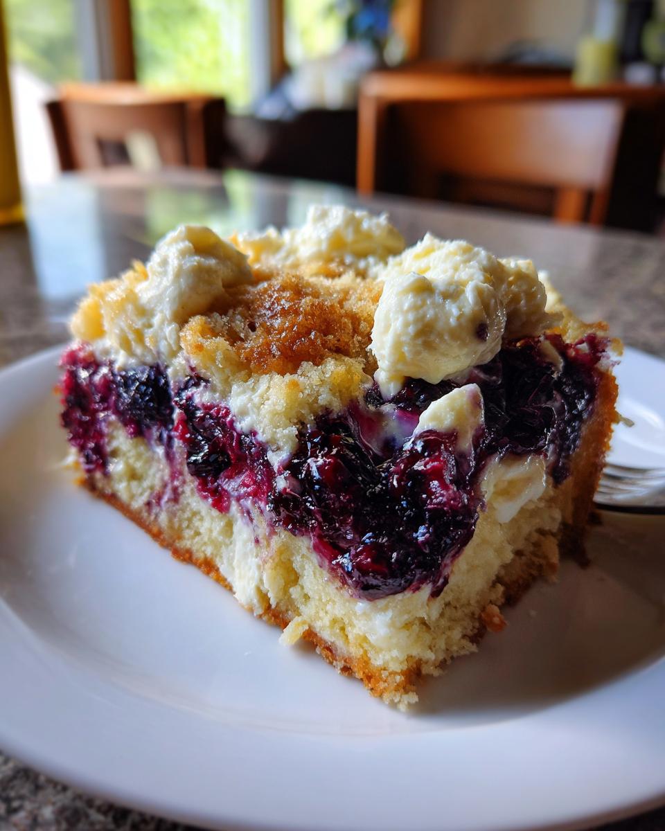 A slice of Lemon Blueberry Cheesecake Dump Cake on a white plate, showing layers of cake, blueberries, and cream cheese.