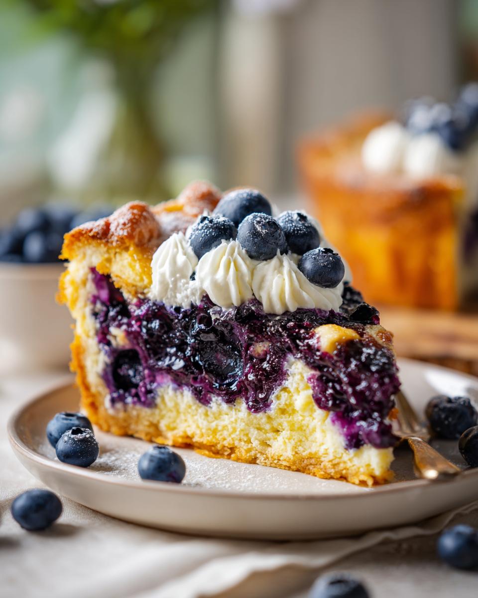 A slice of Lemon Blueberry Cheesecake Dump Cake topped with whipped cream and fresh blueberries.