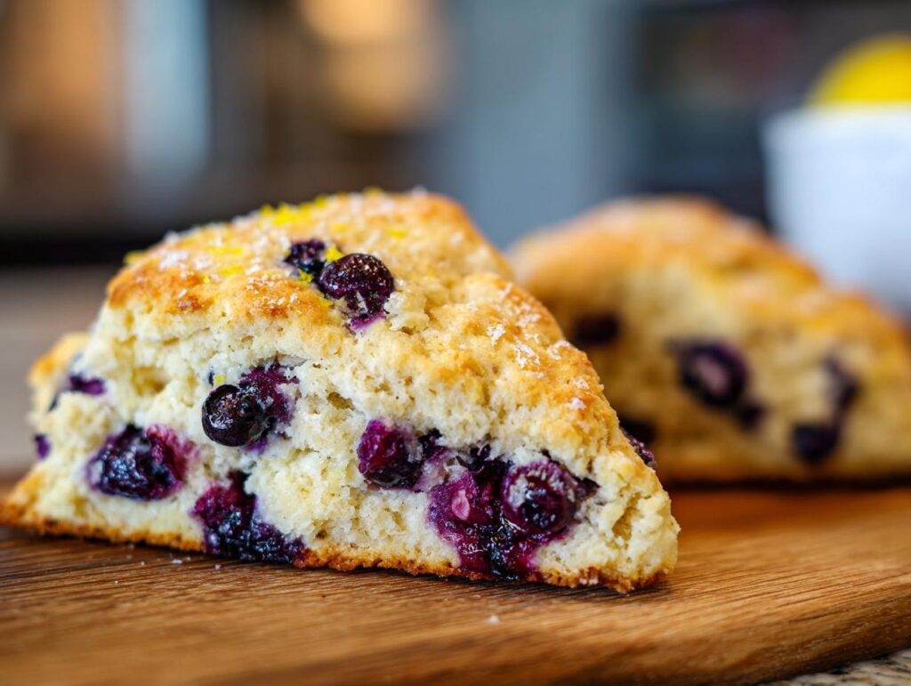 Close-up of a delicious Lemon Blueberry Scone on a wooden board, with fresh blueberries.