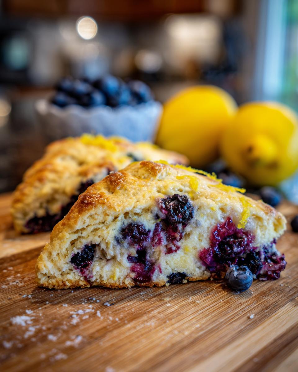 Close-up of a Lemon Blueberry Scone slice with fresh blueberries and lemon zest.