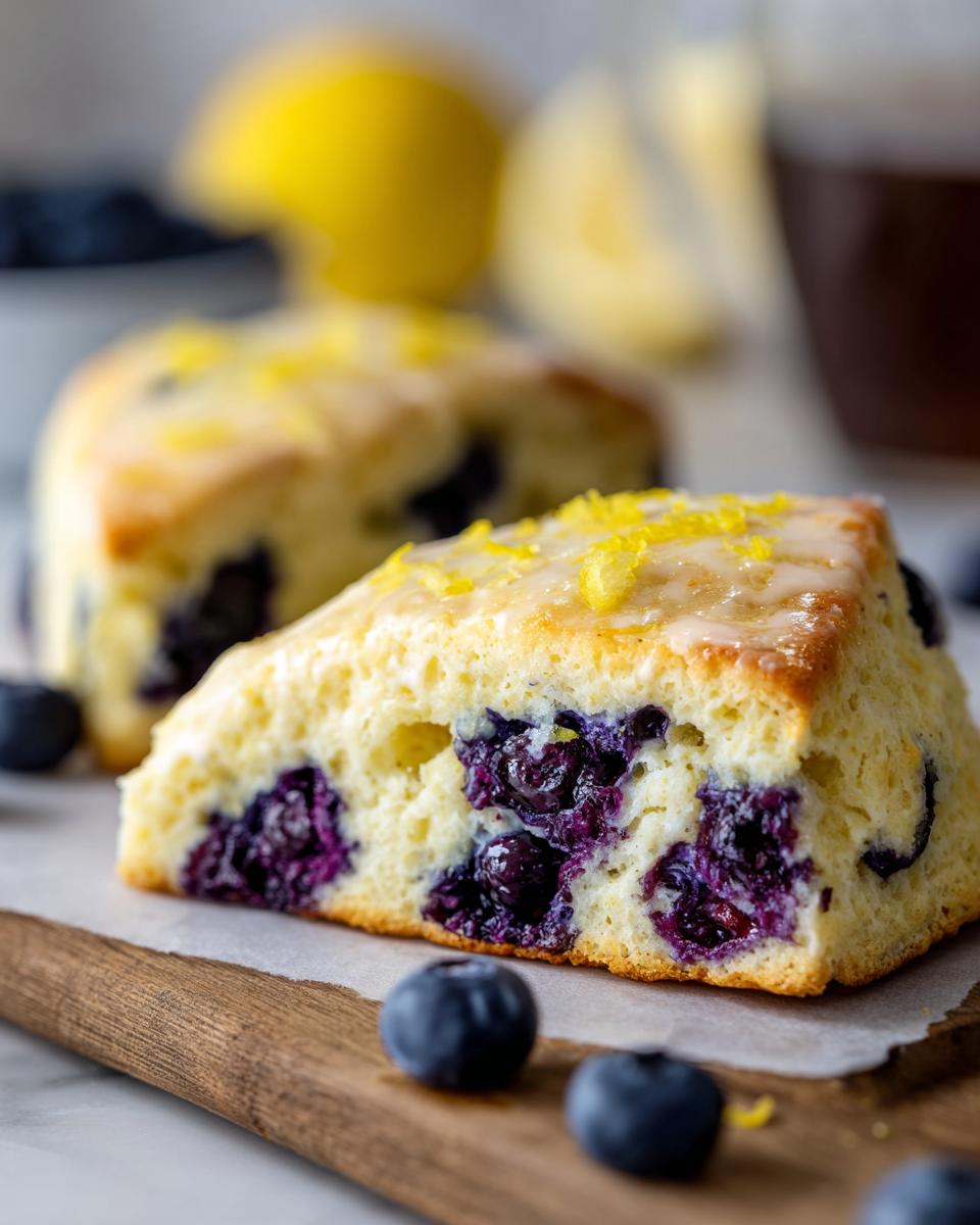 Close-up of a Lemon Blueberry Scone slice with blueberries, lemon zest, and glaze on a wooden board.