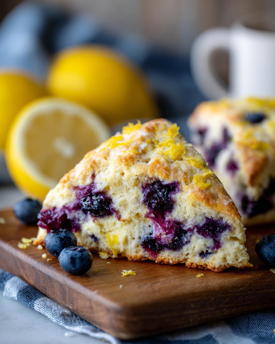 Close-up of a slice of Lemon Blueberry Scones with fresh blueberries and lemon zest.