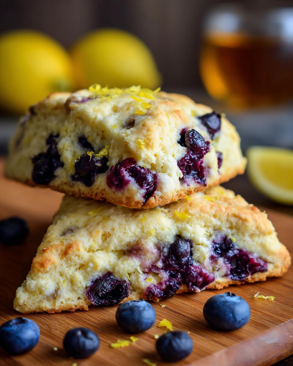 Close-up of two Lemon Blueberry Scones stacked on a wooden board, with fresh blueberries.