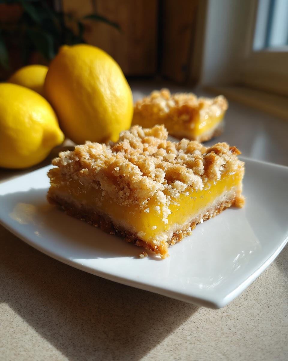 A slice of Lemon Crumb Bars on a white plate, with fresh lemons in the background.