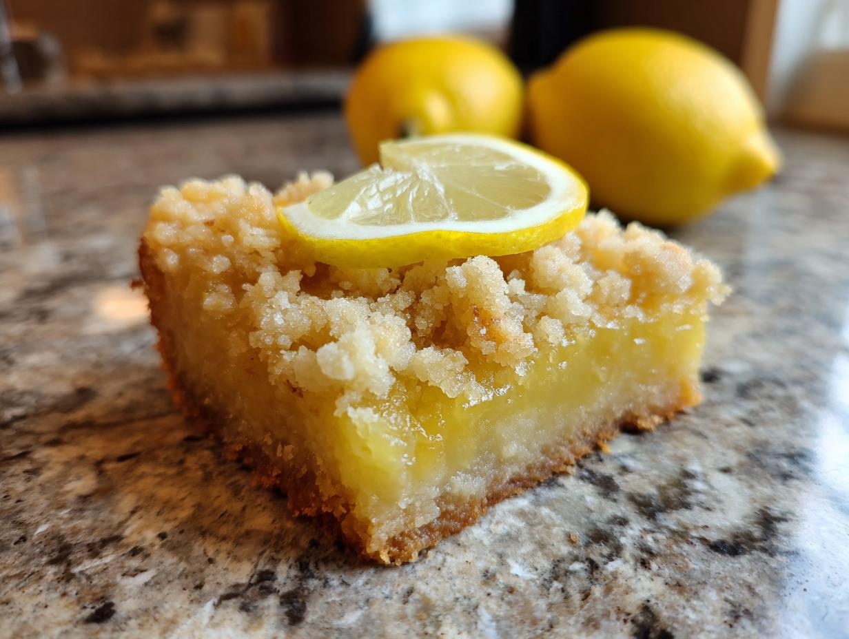 Close-up of a slice of Lemon Crumb Bars, topped with a lemon slice, perfect for dessert.