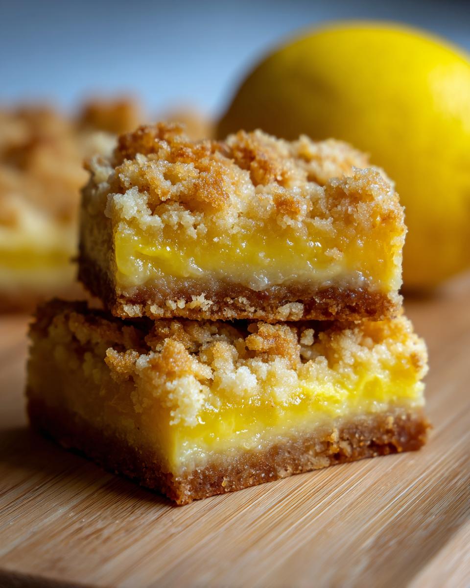 Close-up of two stacked Lemon Crumb Bars with a crumb topping, and a lemon in the background.