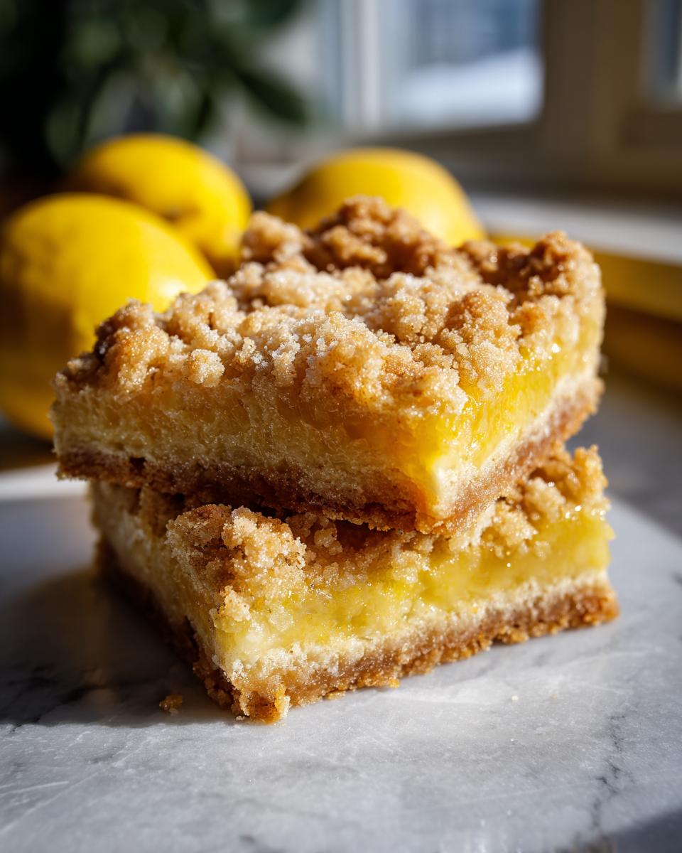 Close-up of two stacked Lemon Crumb Bars with a crumb topping, showcasing the delicious filling.