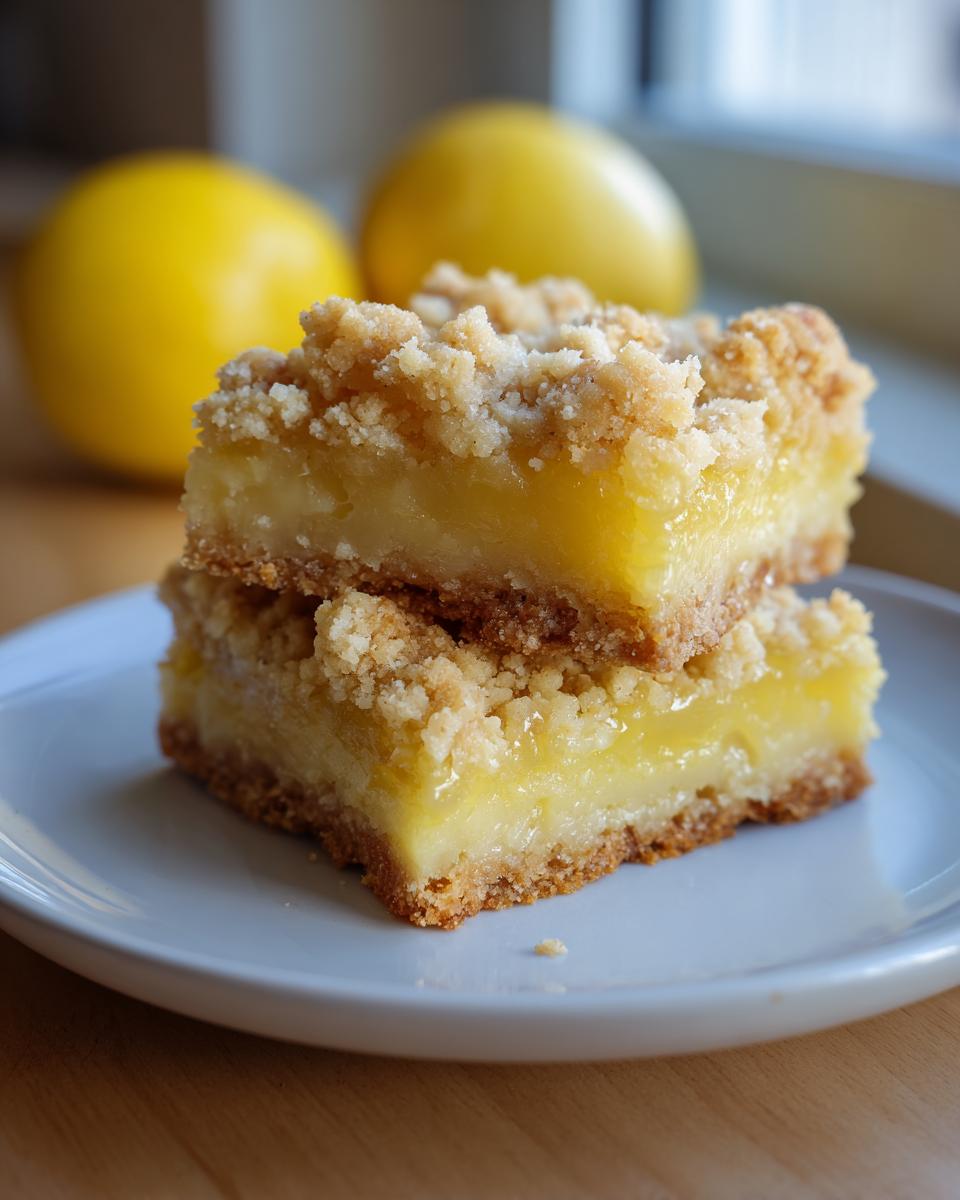 Two delicious Lemon Crumb Bars stacked on a white plate, with lemons in the background.