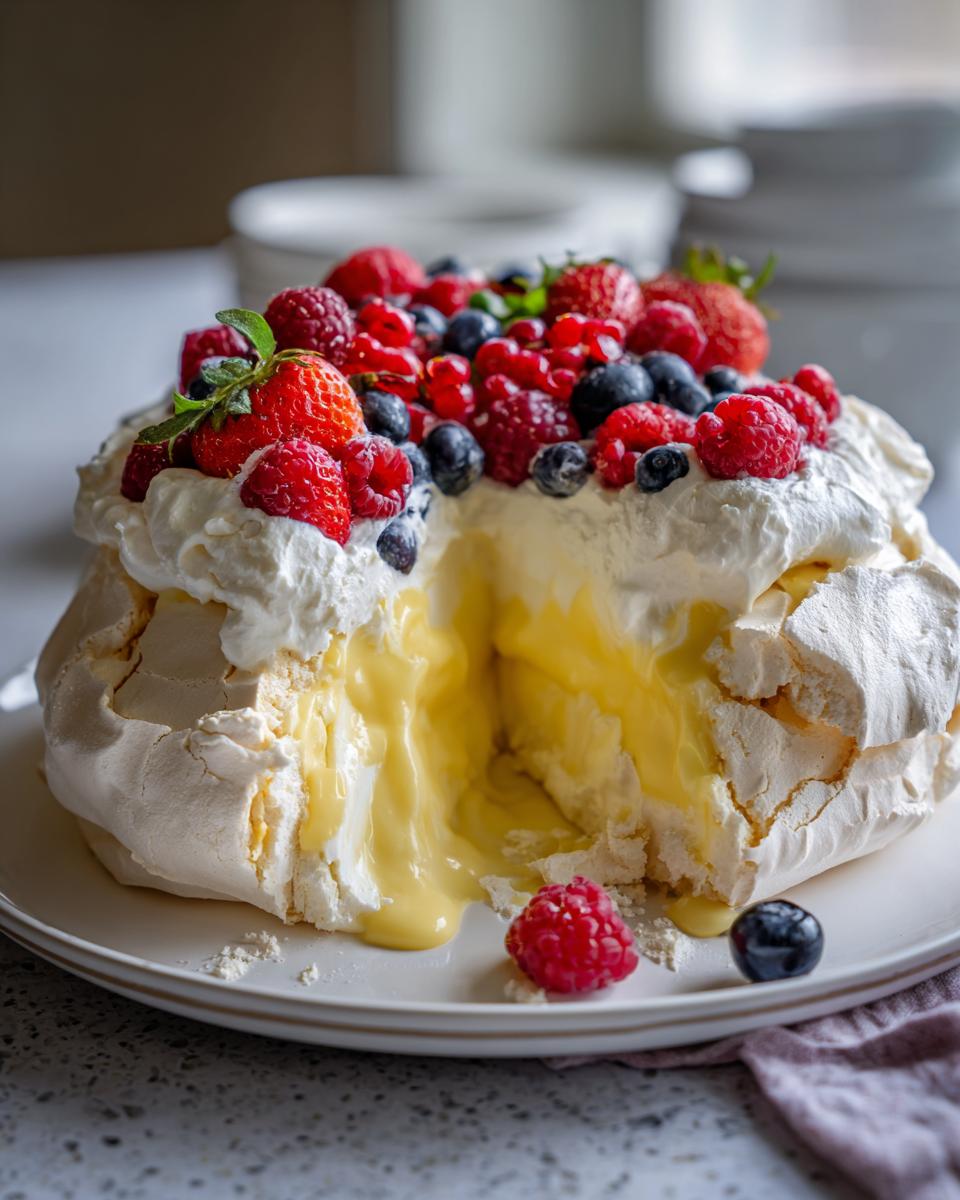 A beautiful Lemon Curd Pavlova dessert with whipped cream and fresh berries, showcasing the delicious lemon curd filling.
