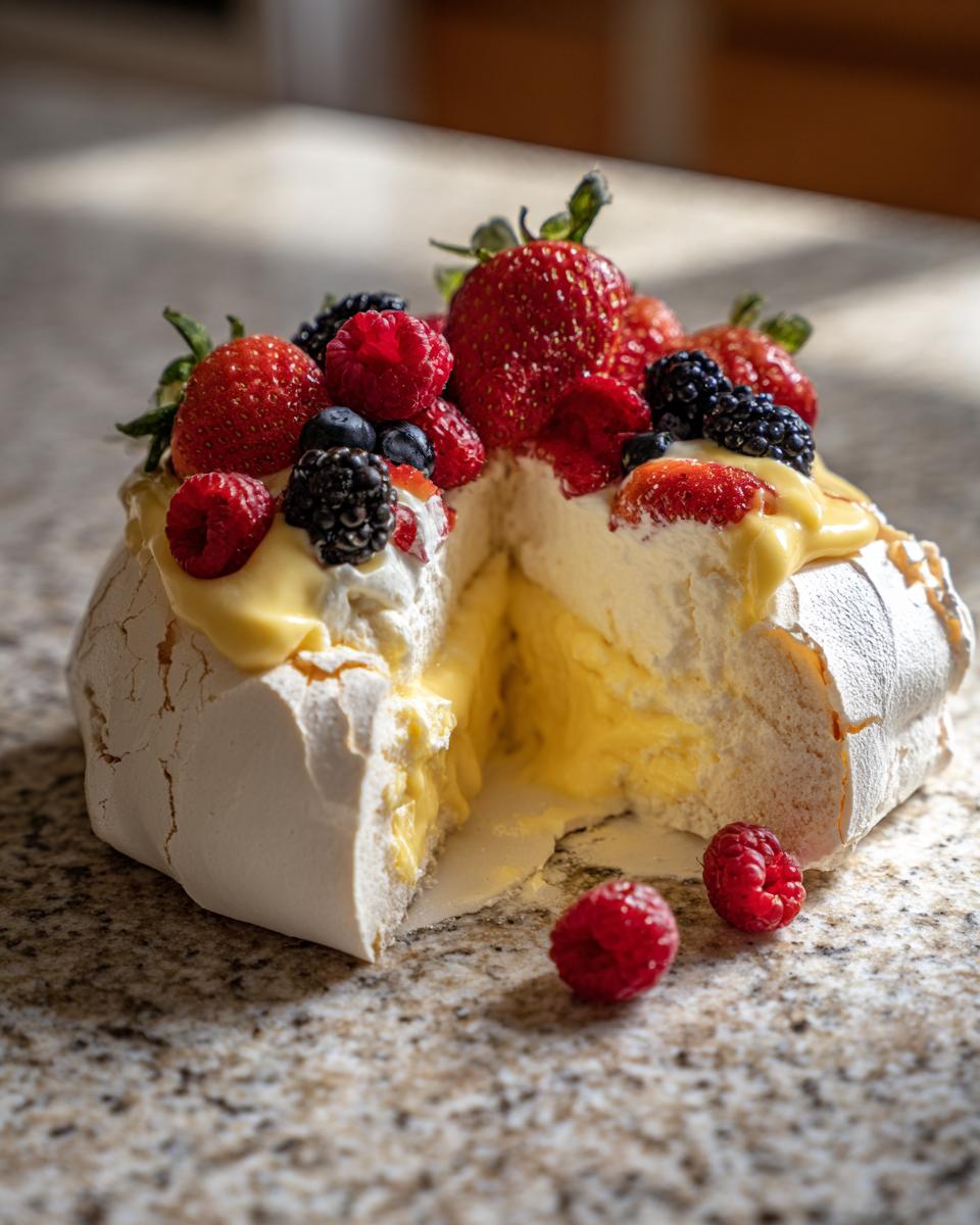 A slice of Lemon Curd Pavlova with fresh berries, showing the creamy filling.