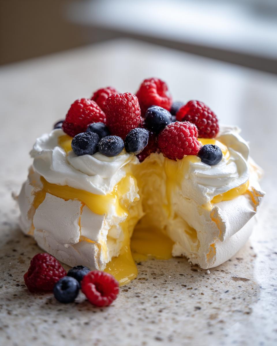 A slice of Lemon Curd Pavlova with whipped cream and fresh berries, showing the lemon curd filling.