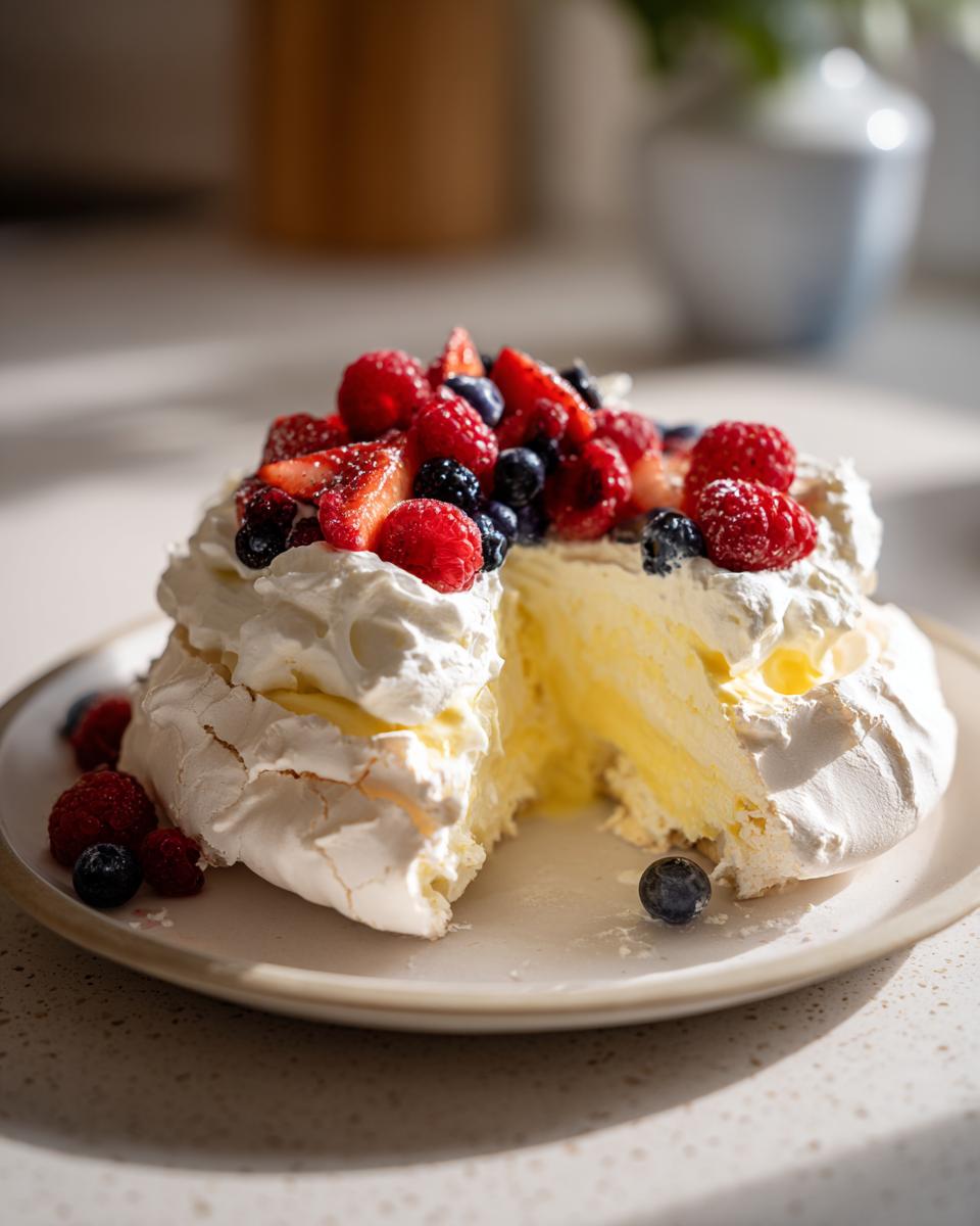 A slice of Lemon Curd Pavlova topped with whipped cream and fresh berries.