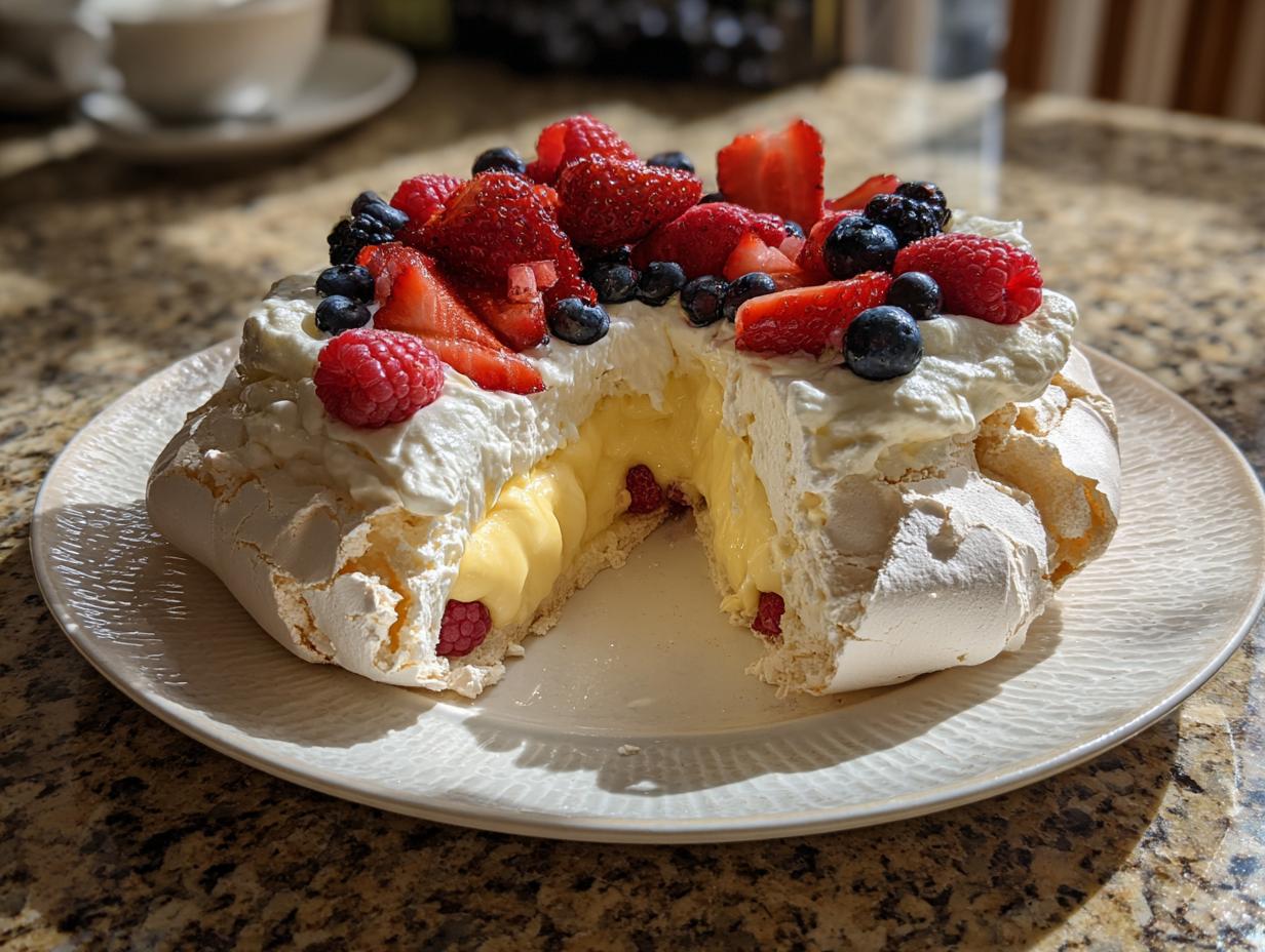 A slice of delicious Lemon Curd Pavlova topped with whipped cream and fresh berries.
