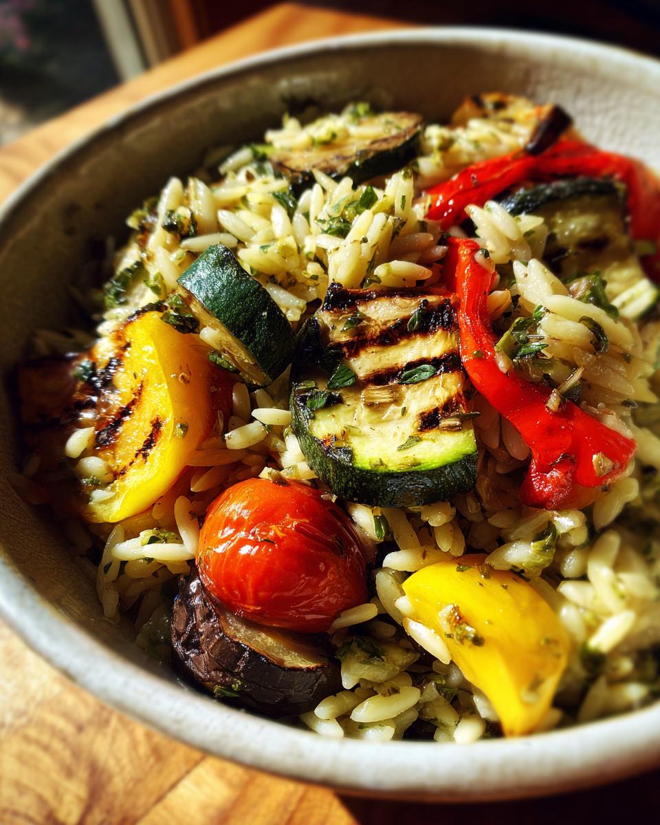 Close-up of a bowl of Lemon Herb Orzo with Grilled Vegetables, including zucchini, peppers, and tomatoes.