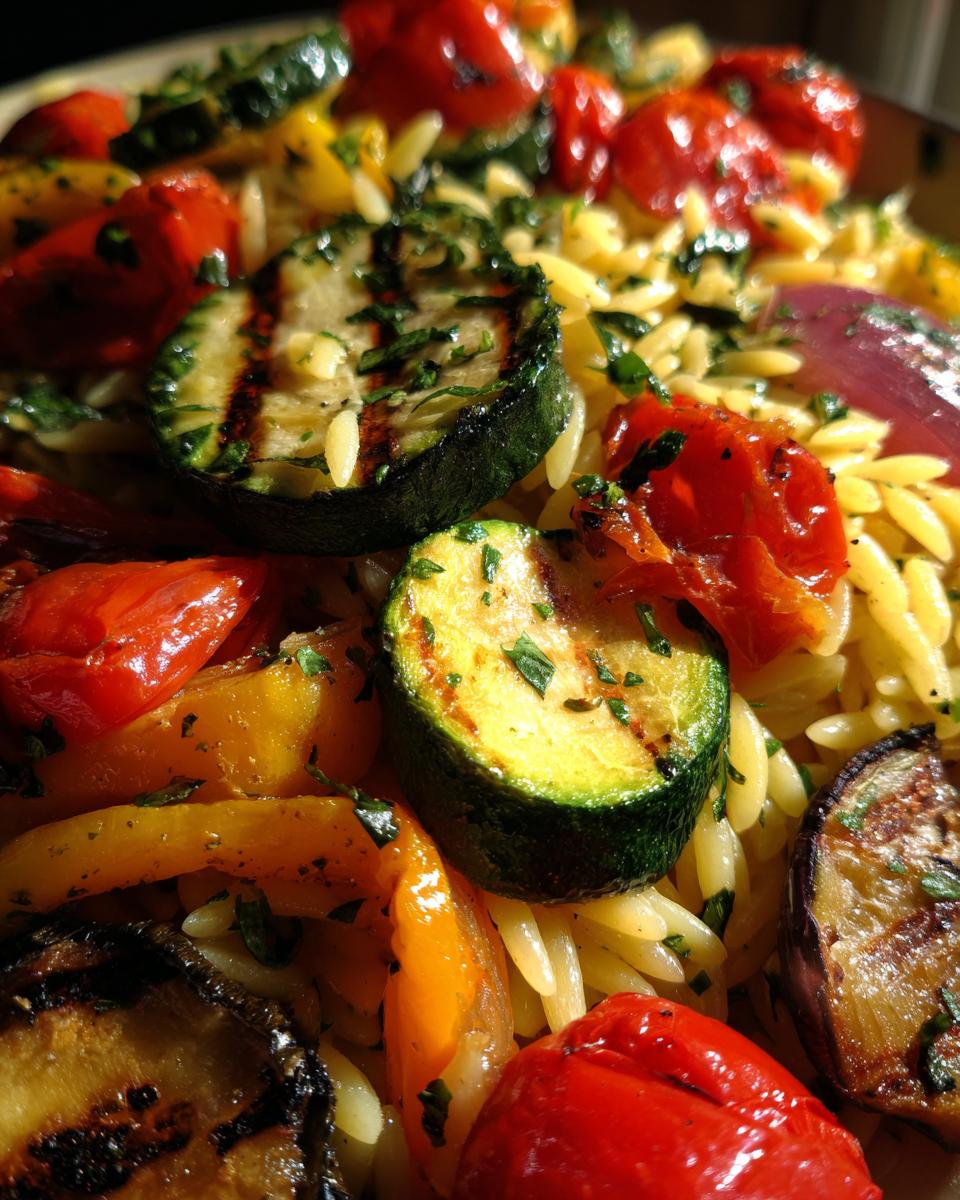 Close-up of Lemon Herb Orzo with Grilled Vegetables featuring zucchini, tomatoes, and orzo pasta.