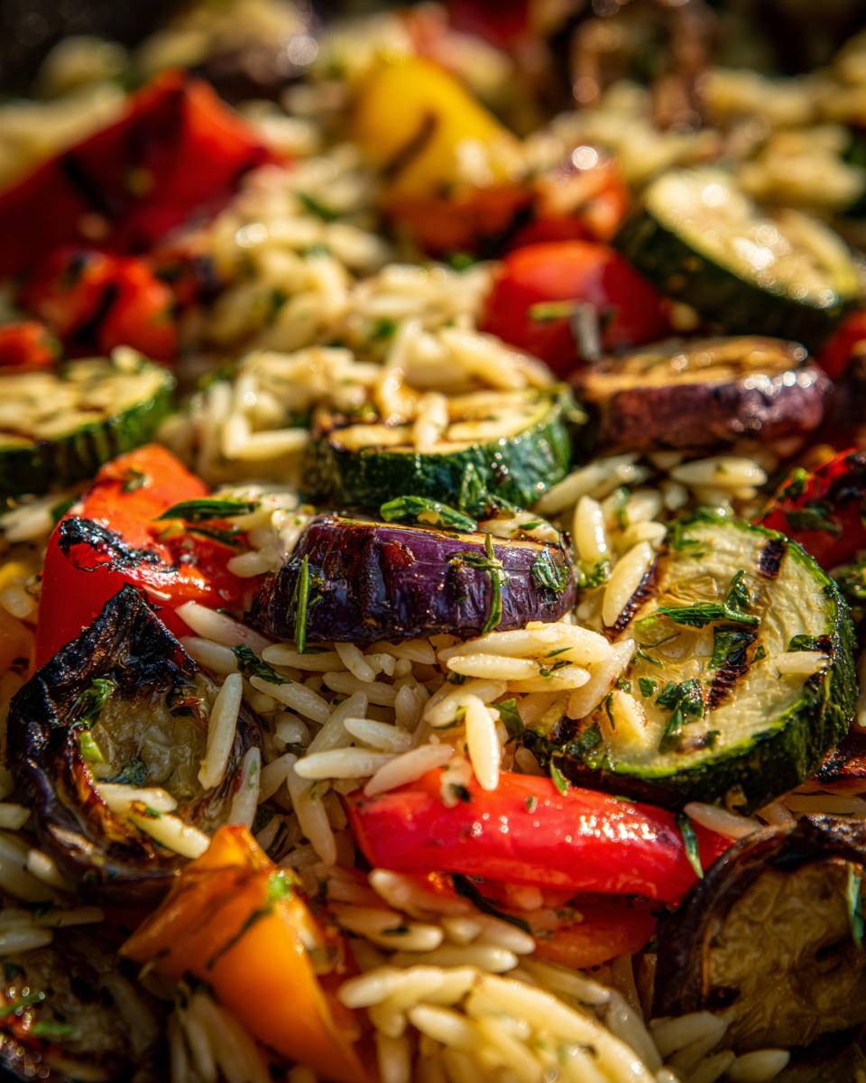 Close-up of Lemon Herb Orzo with Grilled Vegetables, featuring zucchini, bell peppers, and eggplant.