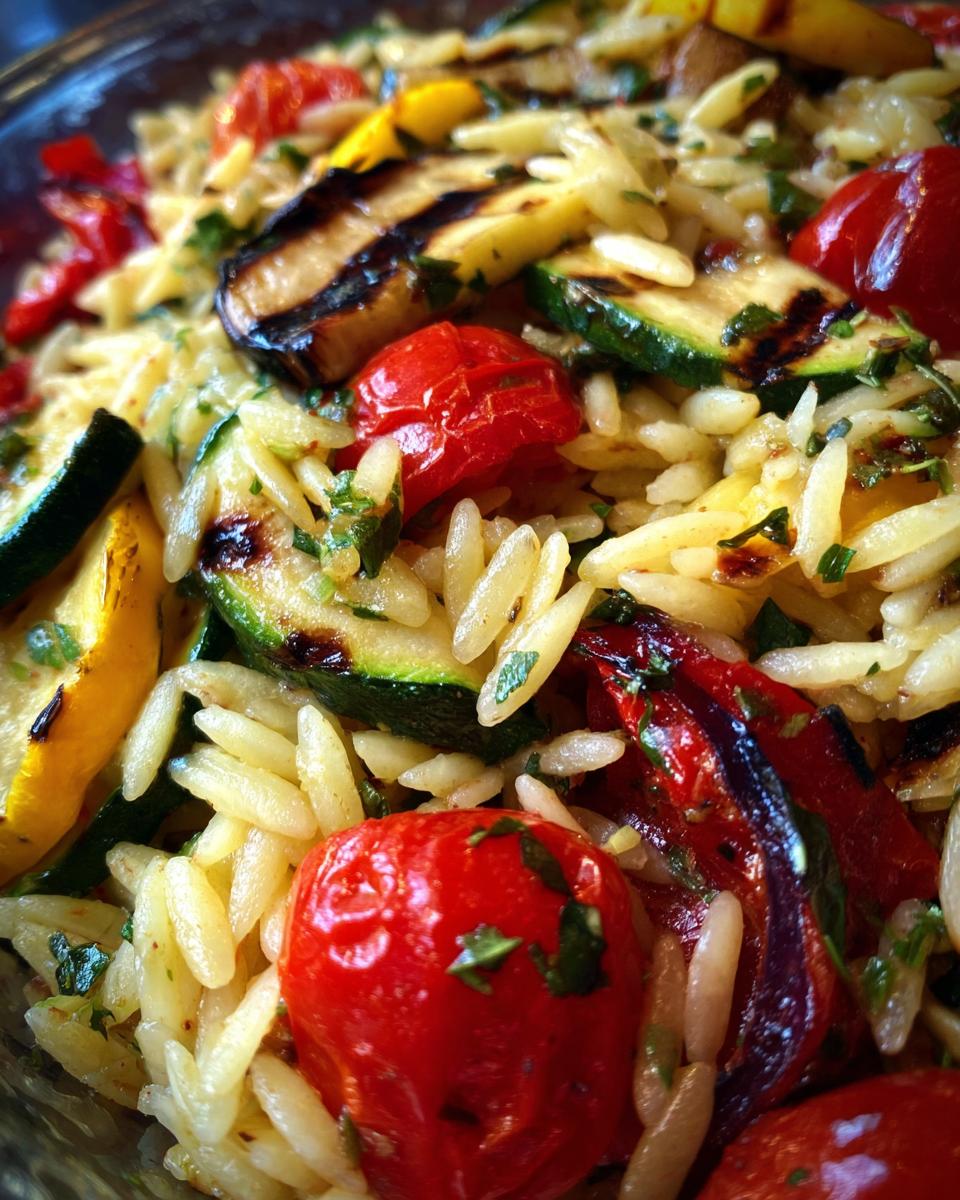Close-up of Lemon Herb Orzo with Grilled Vegetables, including zucchini, tomatoes, and orzo pasta.