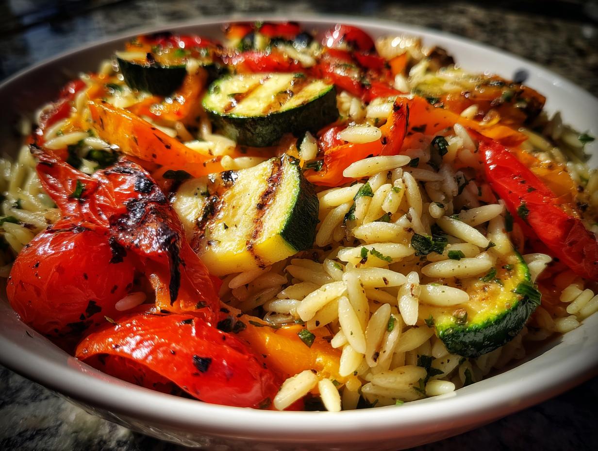 Close-up of Lemon Herb Orzo with Grilled Vegetables, including zucchini, tomatoes, and peppers.