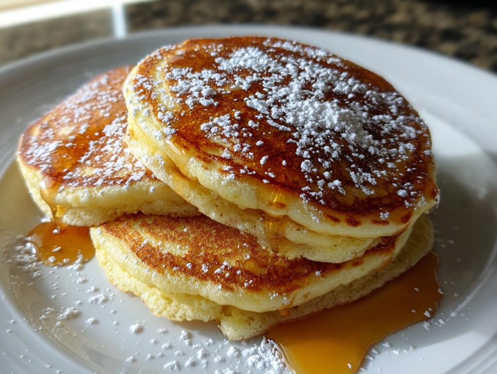 Stack of fluffy lemon ricotta pancakes drizzled with syrup and dusted with powdered sugar.