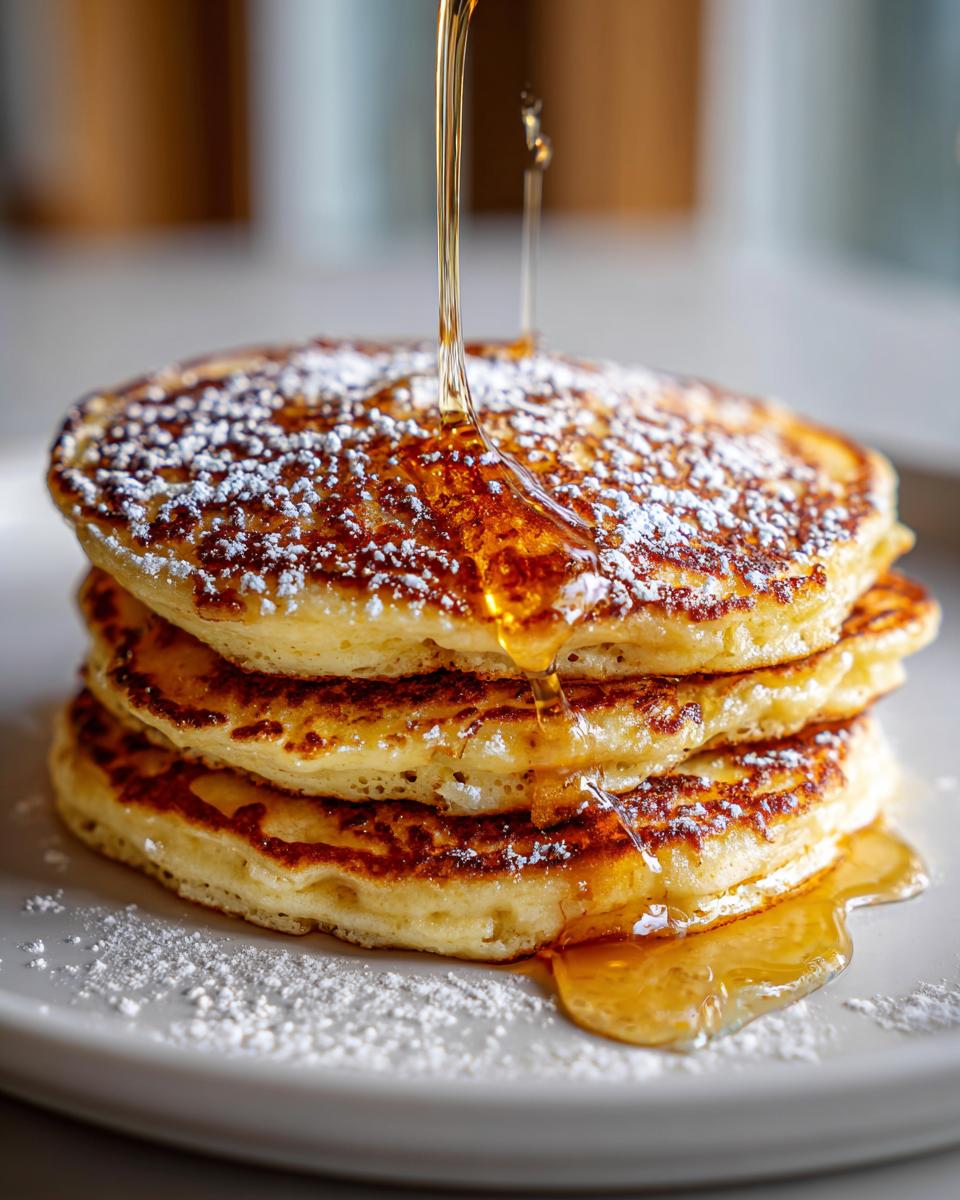 Stack of fluffy Lemon Ricotta Pancakes drizzled with maple syrup and dusted with powdered sugar.