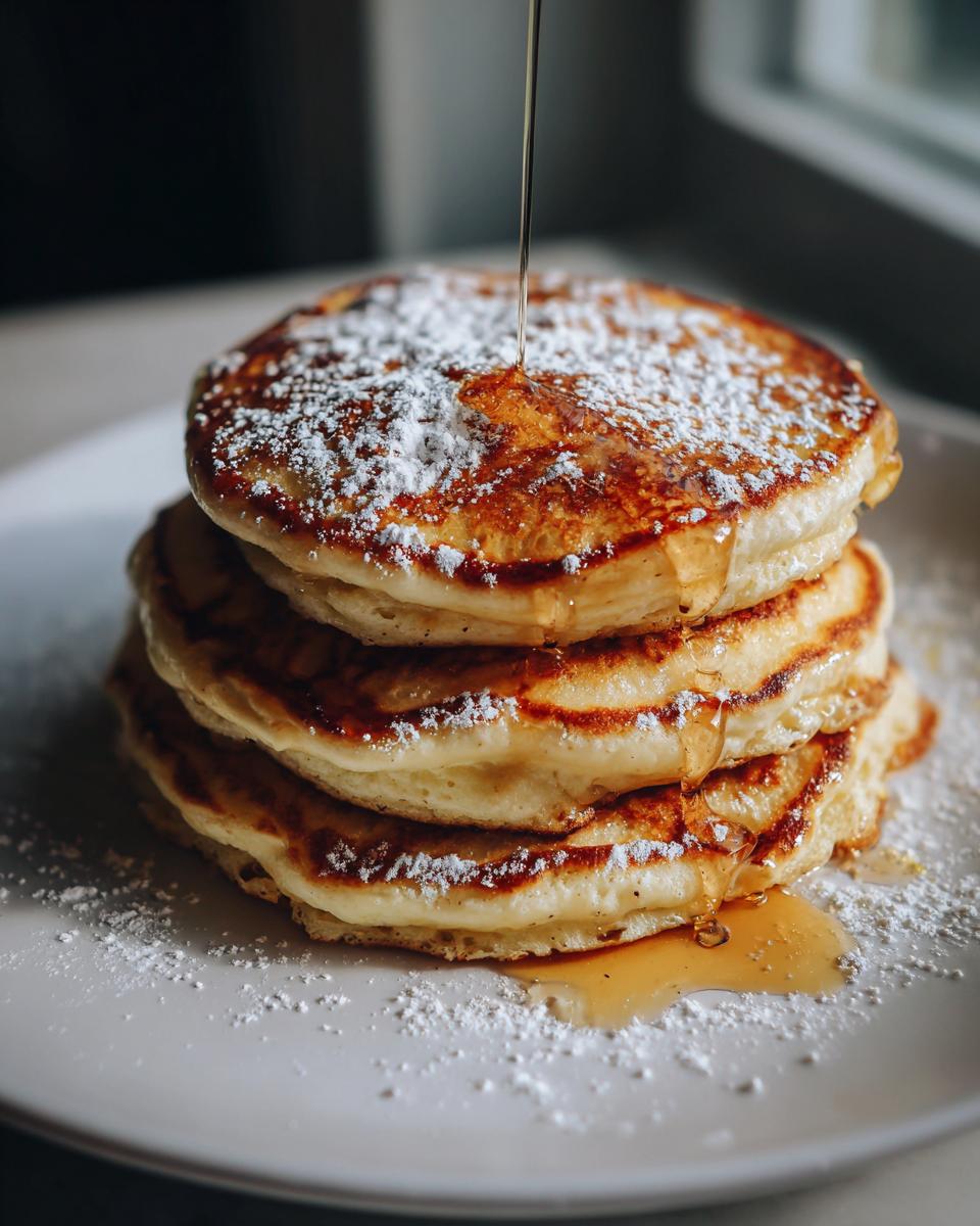 Stack of fluffy Lemon Ricotta Pancakes drizzled with syrup and dusted with powdered sugar.