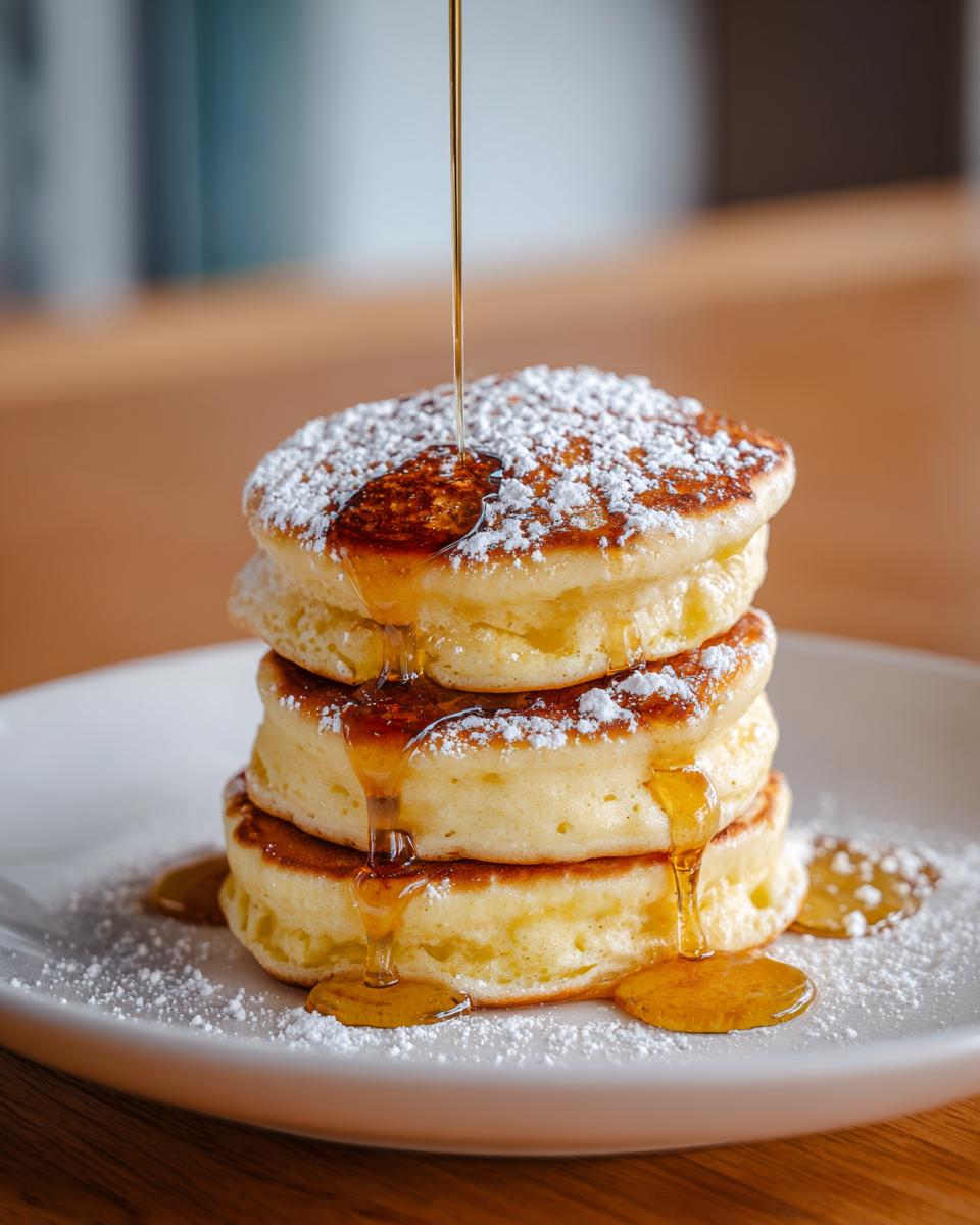 Stack of fluffy Lemon Ricotta Pancakes drizzled with maple syrup and powdered sugar.