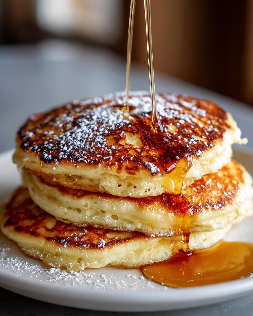 Stack of fluffy Lemon Ricotta Pancakes drizzled with syrup and dusted with powdered sugar.