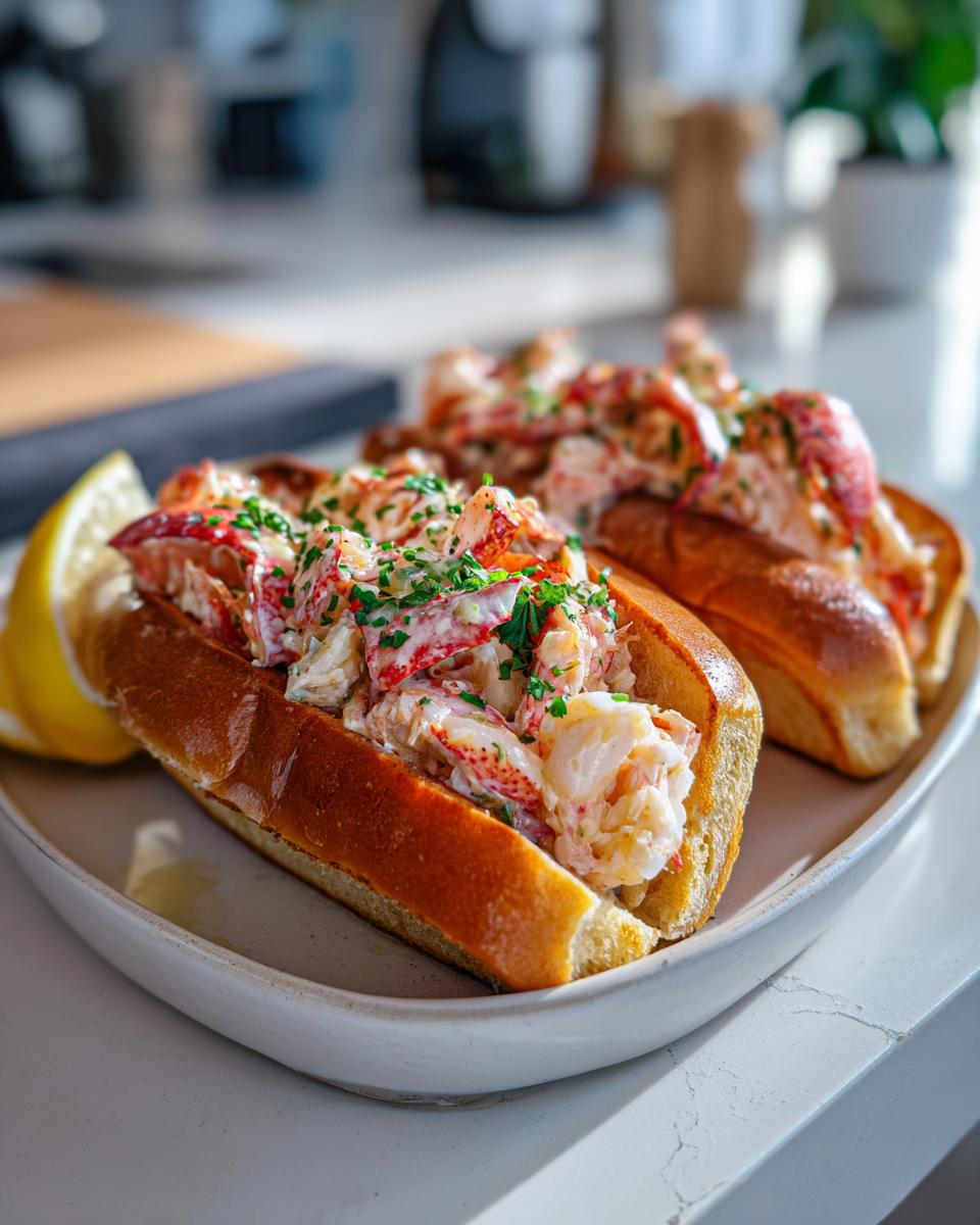 Close-up of two Lobster Rolls with Lemon Butter on a plate, garnished with herbs and a lemon wedge.