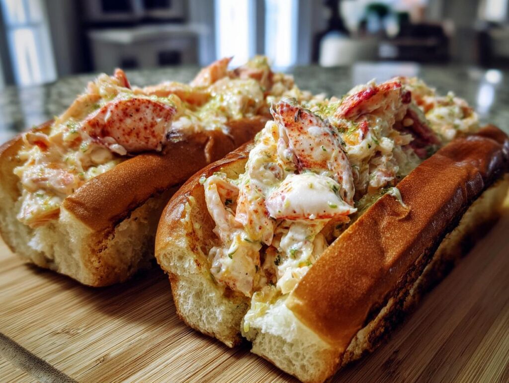 Close-up of two Lobster Rolls with Lemon Butter on a wooden board.