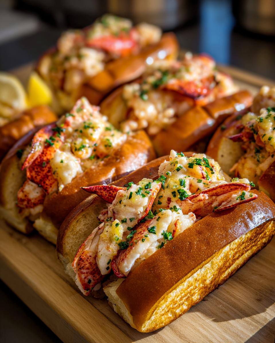 Close-up of several Lobster Rolls with Lemon Butter on a wooden board, showcasing the fresh lobster.