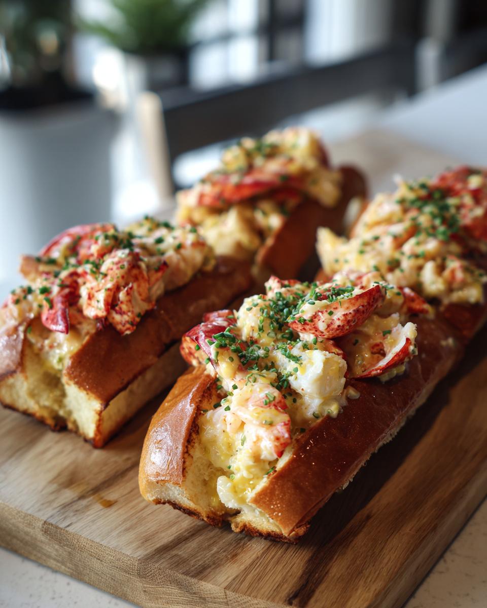 Close-up of four Lobster Rolls with Lemon Butter on a wooden board.