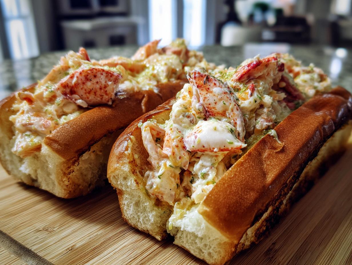 Close-up of two Lobster Rolls with Lemon Butter on a wooden board.