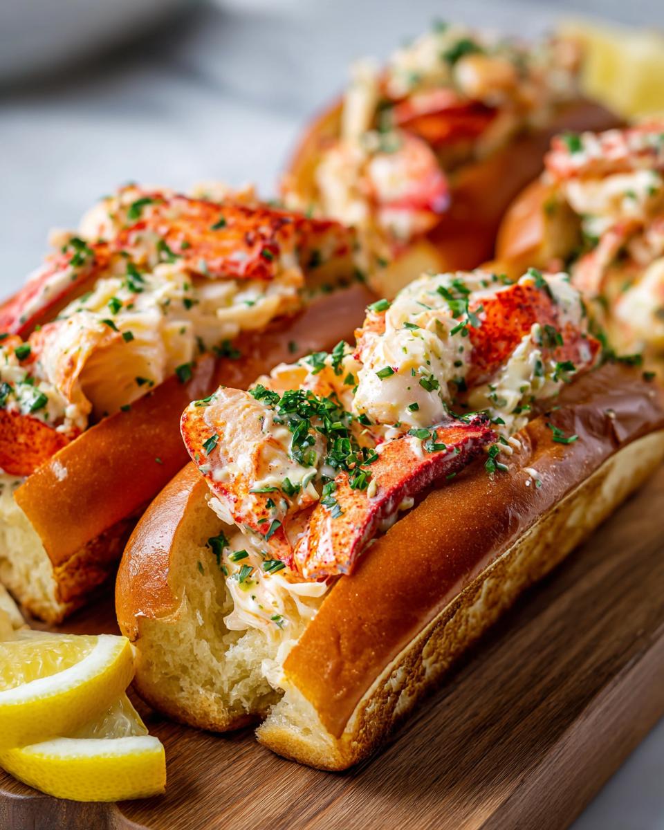 Close-up of three Lobster Rolls with Lemon Butter on a wooden board, garnished with herbs and lemon slices.