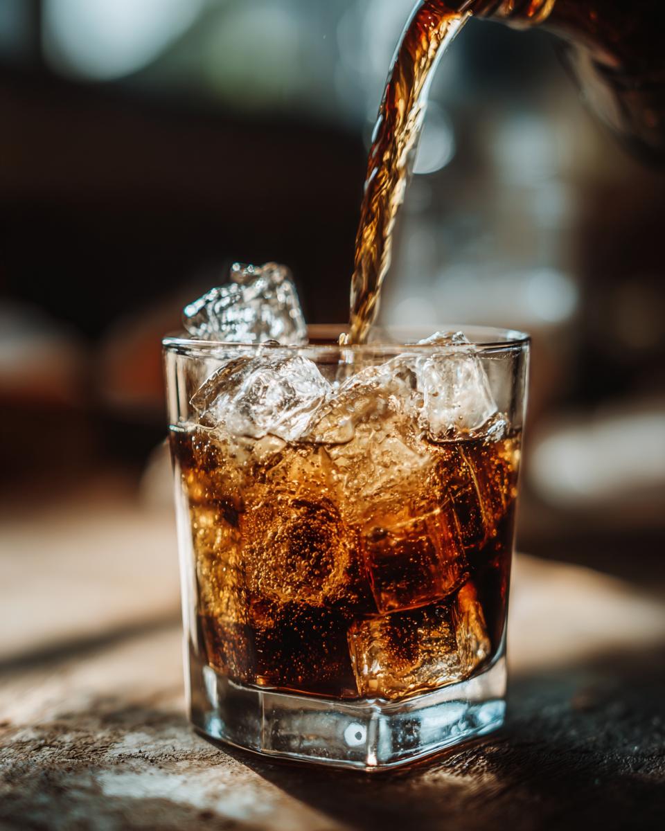 Close-up of a Mai Tai being poured into a glass with ice. This Easy Mai Tai Recipe is perfect for summer.