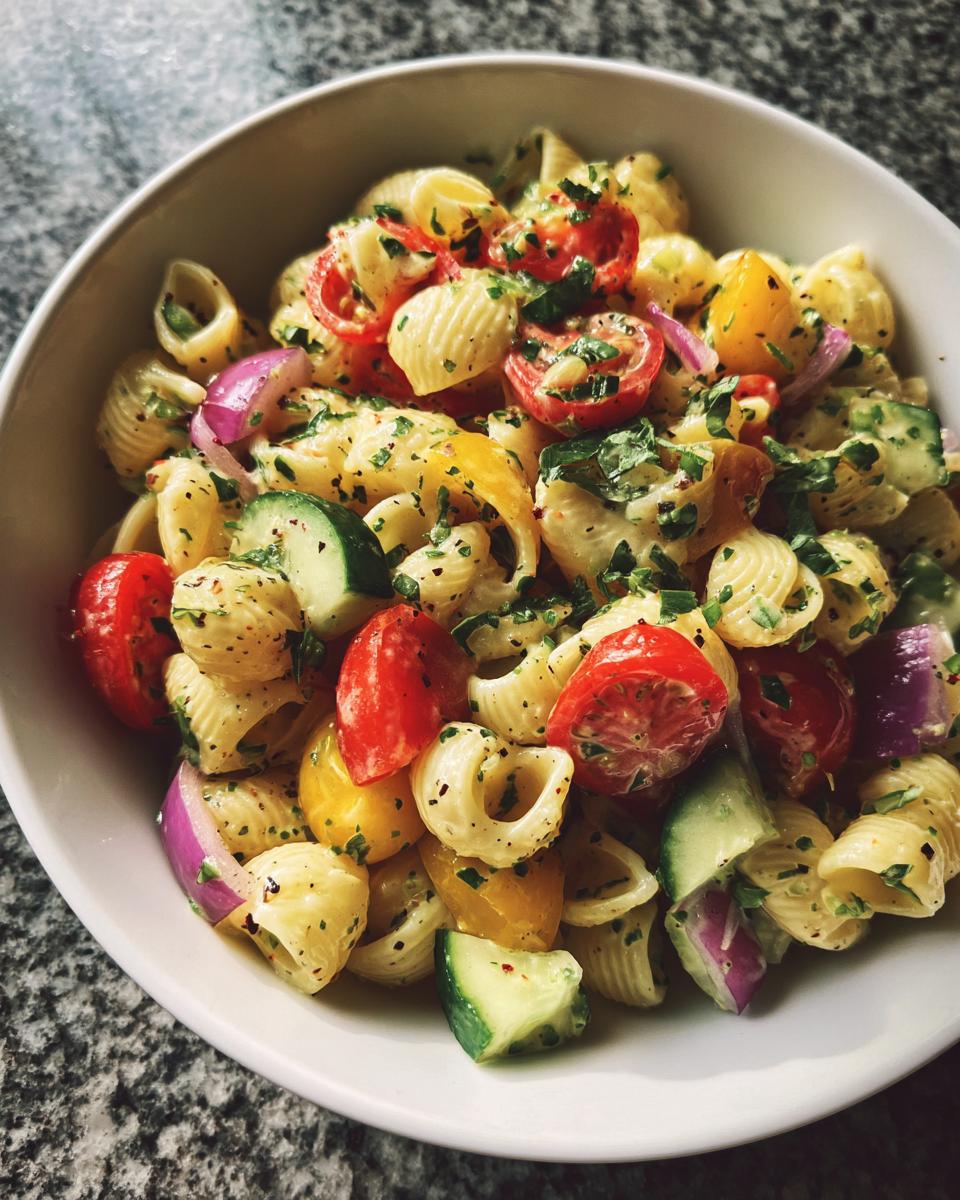 Overhead shot of a vibrant Memorial Day Pasta Salad with tomatoes, cucumbers, and red onion.
