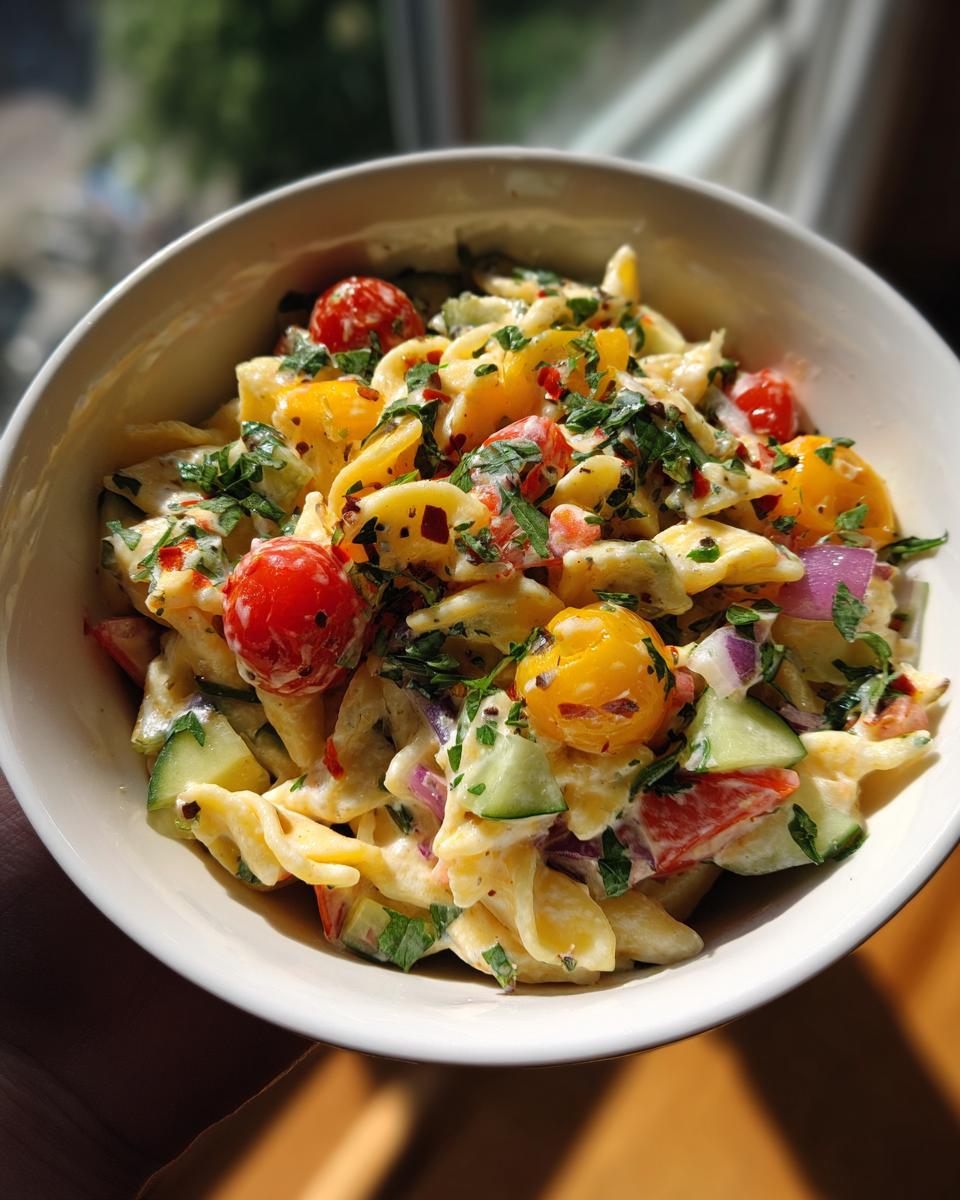 Close-up of a bowl filled with delicious Memorial Day Pasta Salad, featuring pasta, tomatoes, and herbs.