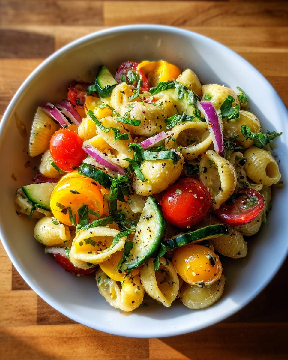 Overhead shot of a vibrant Memorial Day Pasta Salad with tomatoes, zucchini, and herbs.