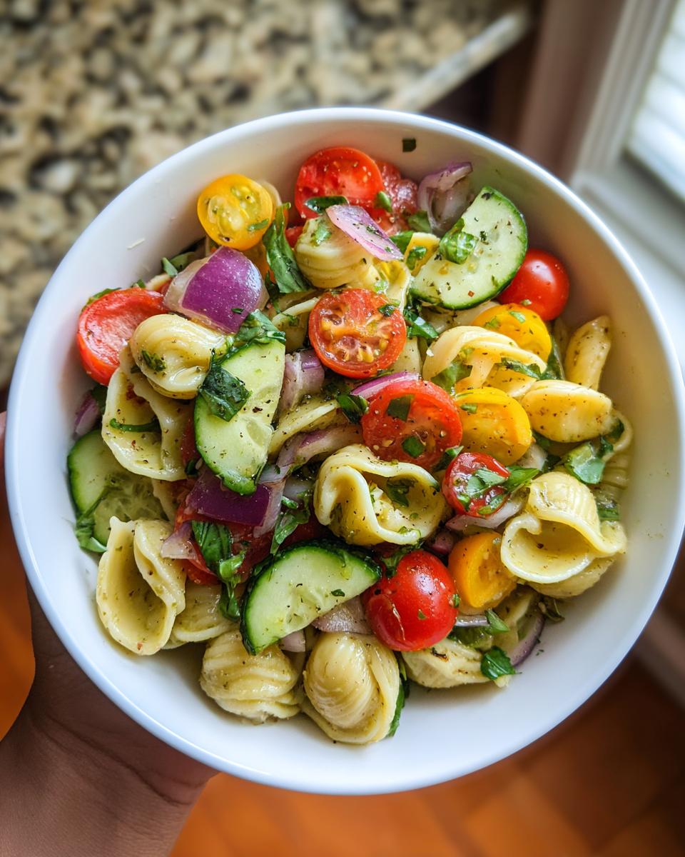 Close-up of a bowl filled with colorful Memorial Day Pasta Salad with tomatoes, cucumbers, and red onion.